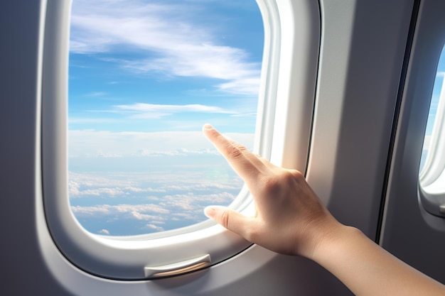 Female hand opening airplane window and view on the clouds