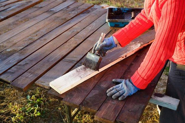 Female hand painting wood with paint roller