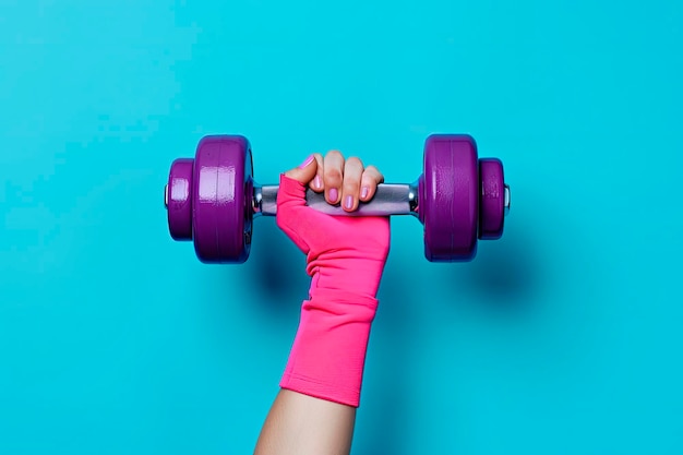 female hand in a pink sports glove holds a purple one dumbbell on a blue background