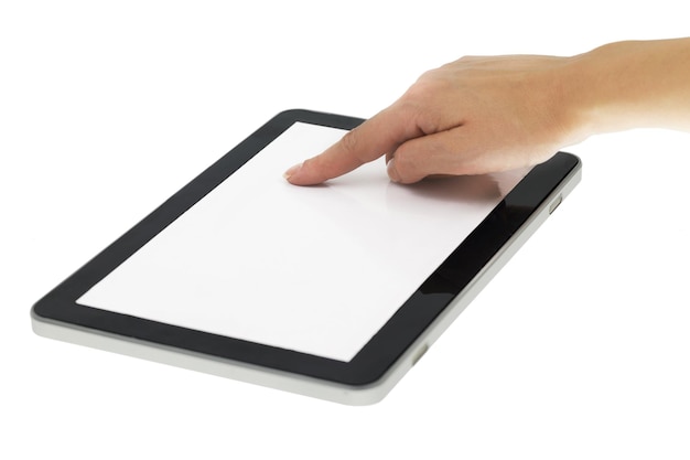 Female hand pointing on tablet with blank screen isolated