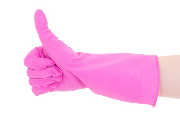 Female hand in rubber glove thumbs up isolated on white background