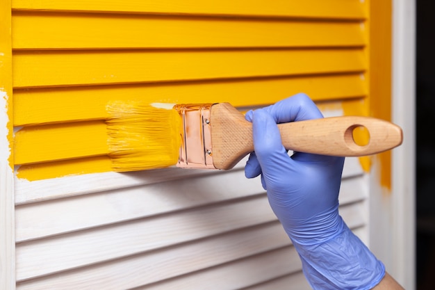 Female hand in rubber glove with brush painting wooden door with yellow paint