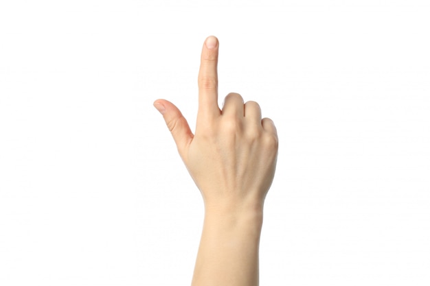 Female hand showing finger, isolated on white surface.Gestures