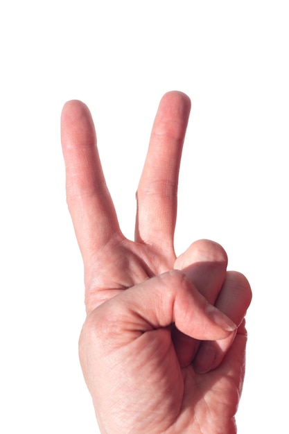 Female hand shows two fingers or gesture of victory, success or playboy sign isolated on white background, vertical frame, close-up. Hand makes gesture number two, 2