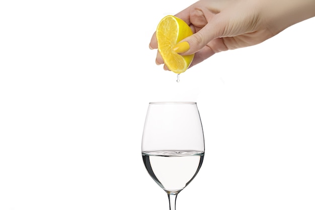 Female hand squeeze lemon in to the glass. Female hand with yellow manicure squeezing lemon. Lemonade preparation. Lemon flavour water.