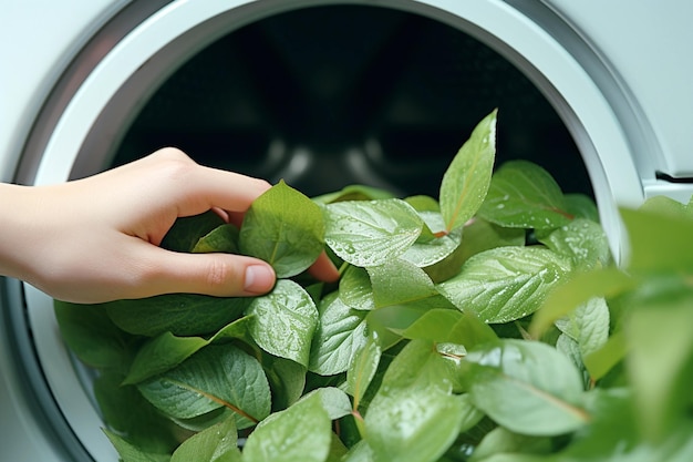 Female hand taking out some green leaves from modern washing machine Eco cleaning eco friendly washing concept Environmentally friendly bio natural home cleaning Spring cleaning theme