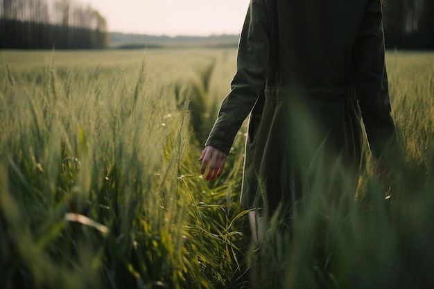 Female hand touching plants in the field created with generative AI