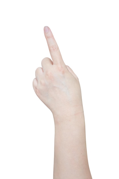 female hand touching or pointing to something isolated on white background