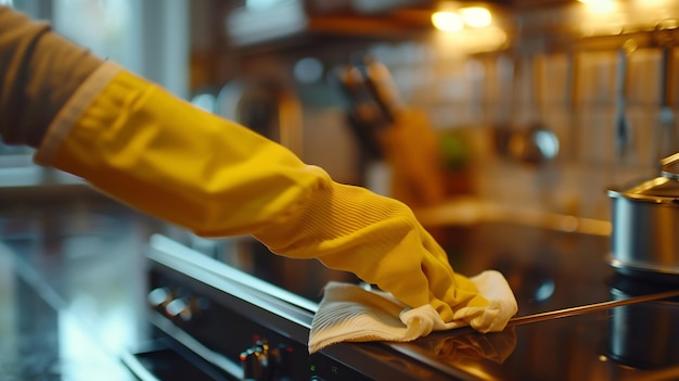 Photo female hand wear yellow gloves cleaning cooker hood with napkin in kitchen housekeep generative ai