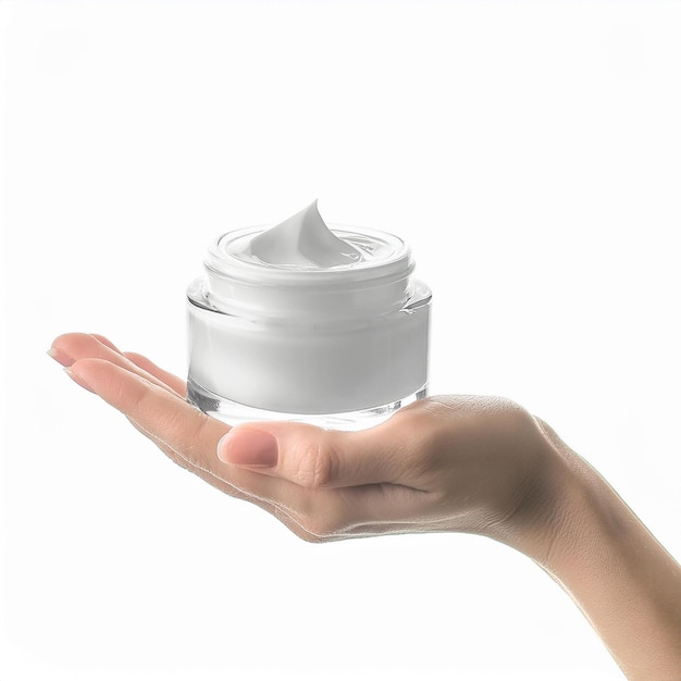 Female hand with bottle of cream on white background