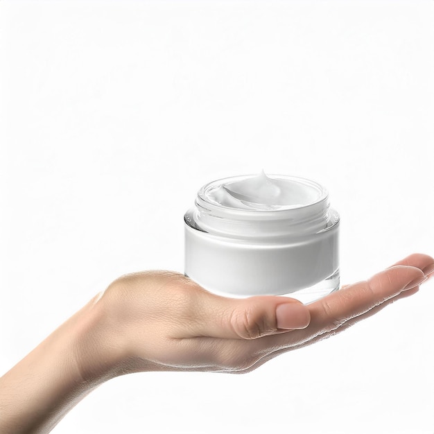 Female hand with bottle of cream on white background