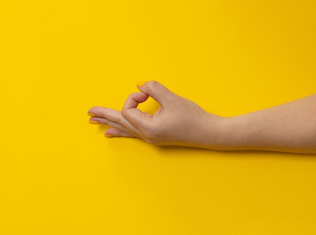 Female hand with bright manicure shows ok sign on yellow background