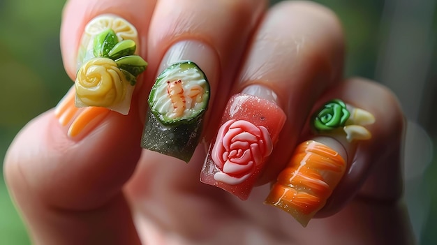 Female hand with multicolored manicure with flowers on nails Generative AI illustrations