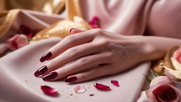 Photo female hand with red manicure and nail with rose petals