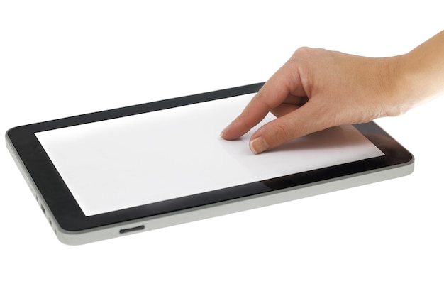 Female hand zoom in on tablet with blank screen isolated