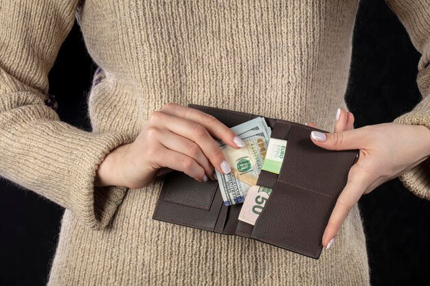 In female hands a brown wallet with euros and dollars