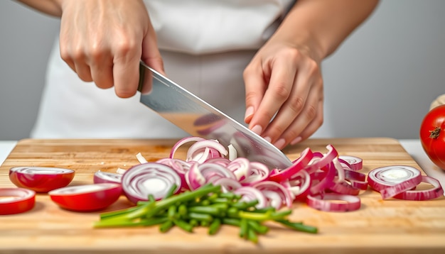 Photo female hands chopping red onions on cutting board closeup shot isolated with white highlights