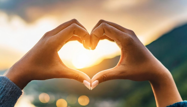 female hands create a heart shape against the radiant sky symbolizing love unity and connection