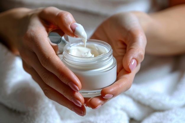 Female Hands Embracing White Cream