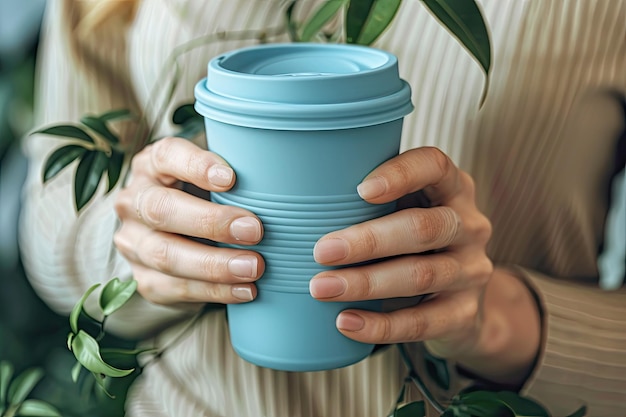 Photo female hands hold blue reusable coffee mug sustainable lifestyle eco friendly concept