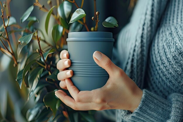 Photo female hands hold blue reusable coffee mug sustainable lifestyle eco friendly concept