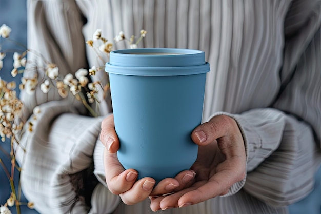 Photo female hands hold blue reusable coffee mug sustainable lifestyle eco friendly concept