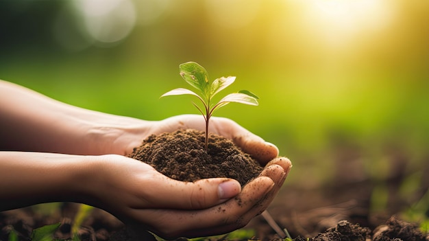 female hands hold a bunch of earth with a background of green grass ecology ai generated