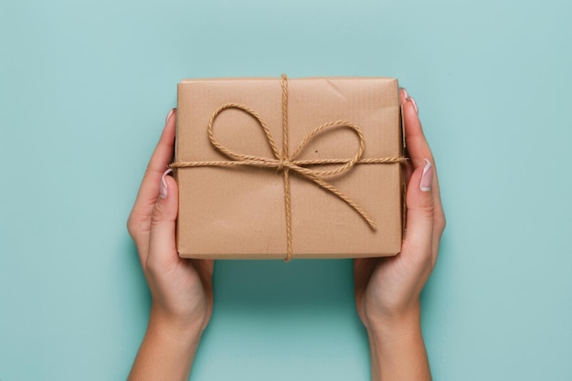 Female hands hold eco friendly package box on blue background