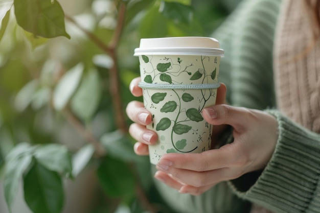 Photo female hands hold reusable coffee cup sustainable eco friendly lifestyle concept