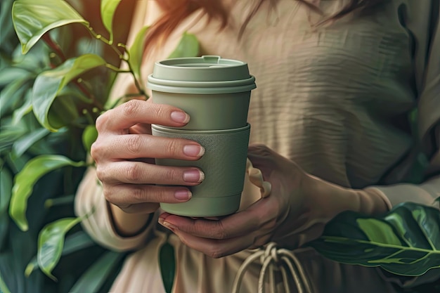 Photo female hands hold reusable coffee cup sustainable eco friendly lifestyle concept