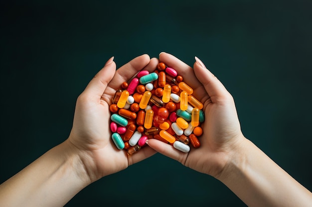 Female hands holding colorful pills on dark background Focus on hands