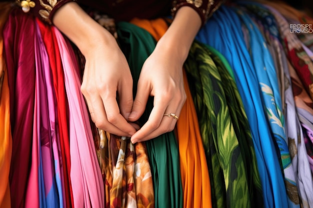 Photo female hands holding colourful fabrics