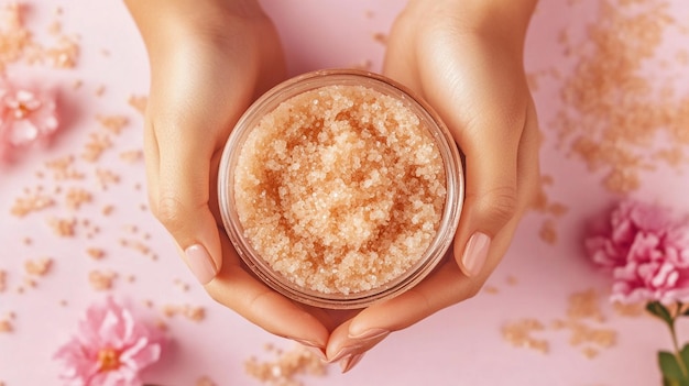 Photo female hands holding jar of body scrub on color background