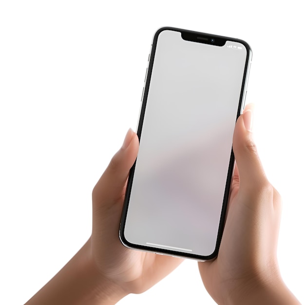 Female hands holding modern smartphone with blank screen isolated on white background