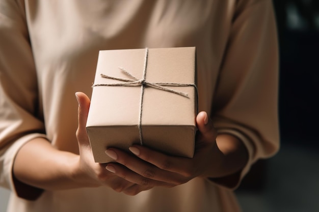 Female hands holding parcel box or gift box package in craft paper generative ai