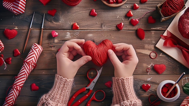 Female hands holding a red heart made of yarn Valentines Day concept