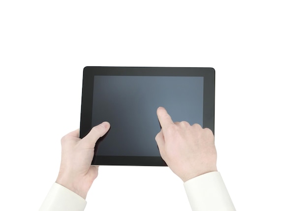 Female hands holding a tablet touch computer gadget with isolated screen