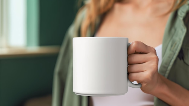 Female hands holding white mug with blank copy space