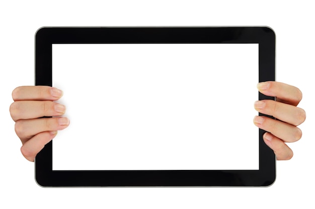 Female hands horizontally holding tablet with blank screen isolated