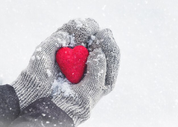 Photo female hands in knitted mittens with red heart in winter day love concept