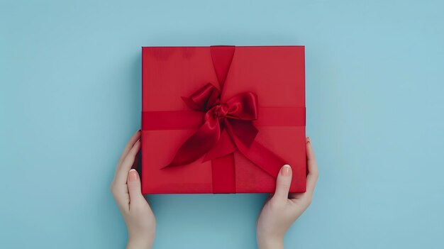 Female hands opening empty red elegant luxury box with ribbon Mockup present gift bo Generative AI