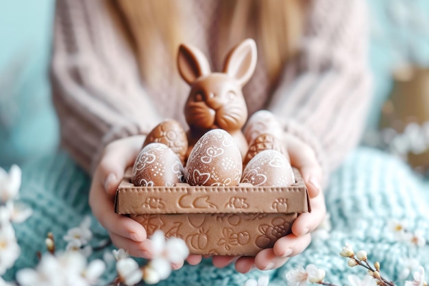 Female hands present gift box of chocolate Easter eggs and chocolate bunny