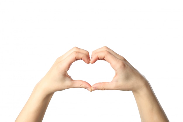 Female hands show heart, isolated on white background