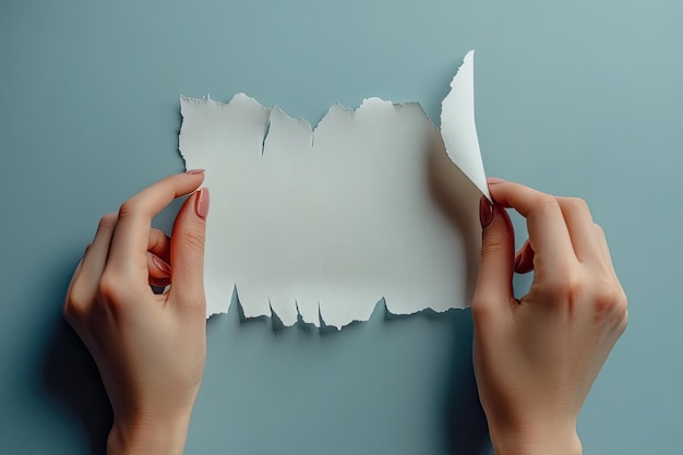 Photo female hands tearing a sheet of paper closeup