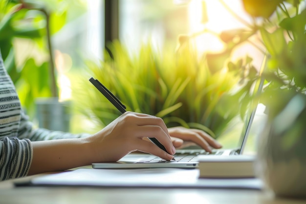 Female hands typing on laptop against bright background