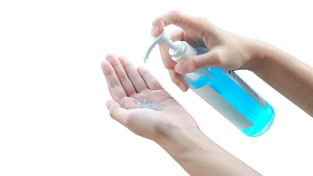 Female hands using wash hand sanitizer gel pump dispenser isolated on white with clipping path