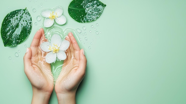 Photo in female hands white tropical flower on background of transparent water and leaves banner for spa