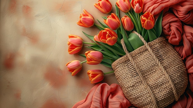 Female hands with bouquet of red tulips handbag and festive postcard on beige background