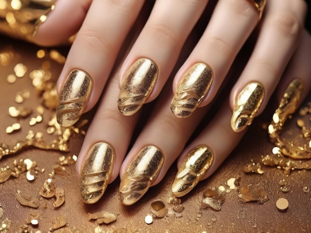 Female hands with golden nail design glitter gold