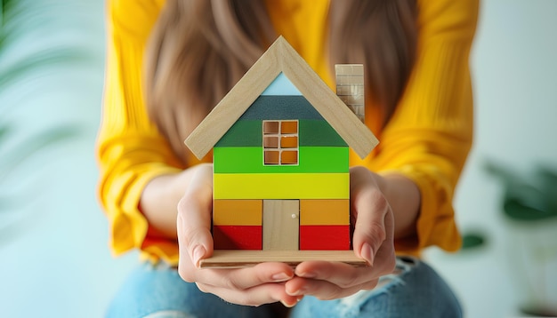 Female hands with model of house on light background Concept of energy efficiency